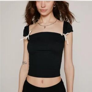 Black Square Neck Top with ribbon  Details